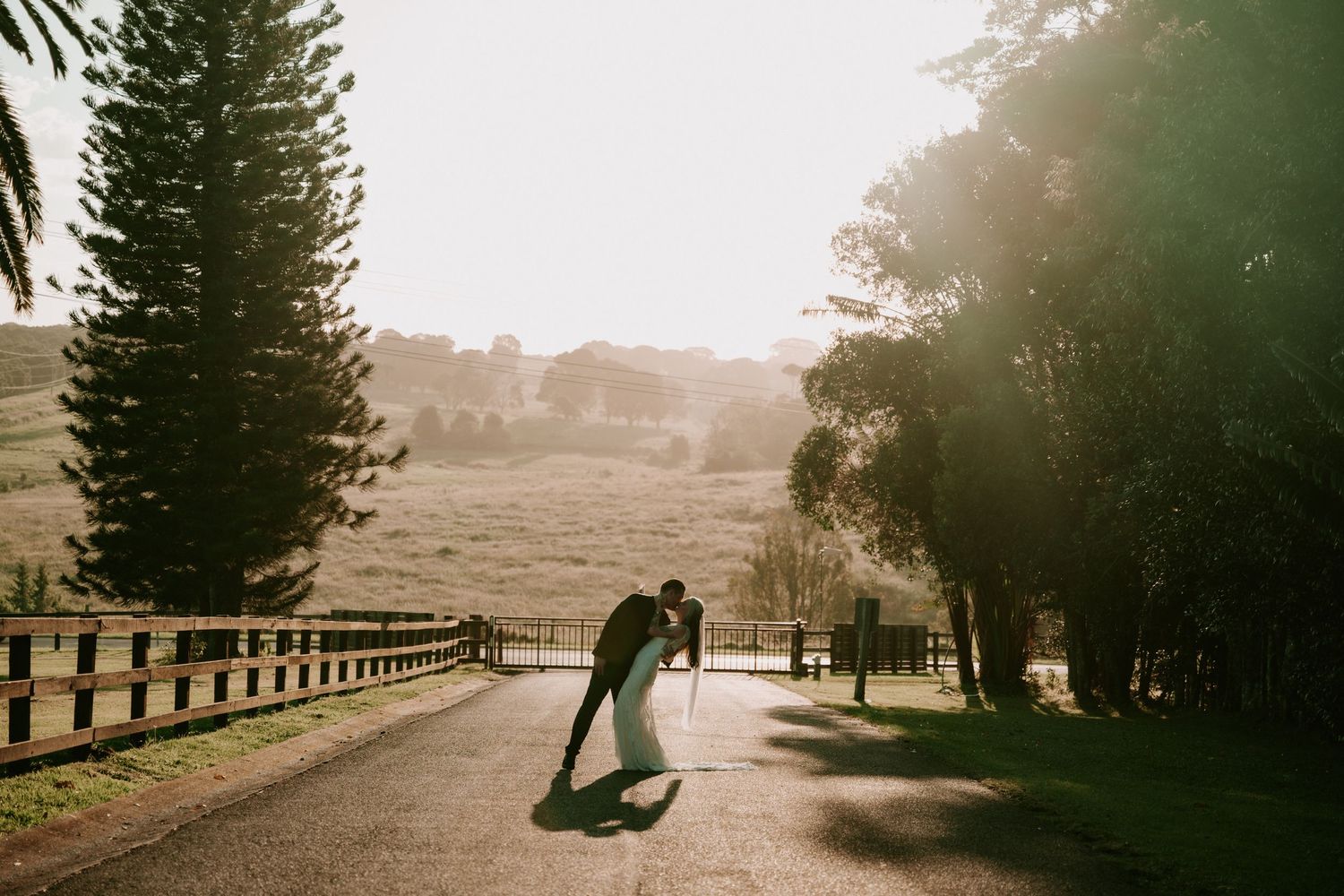 Couple sharing a romantic kiss on a sunlit country road surrounded by lush trees and rolling green fields.