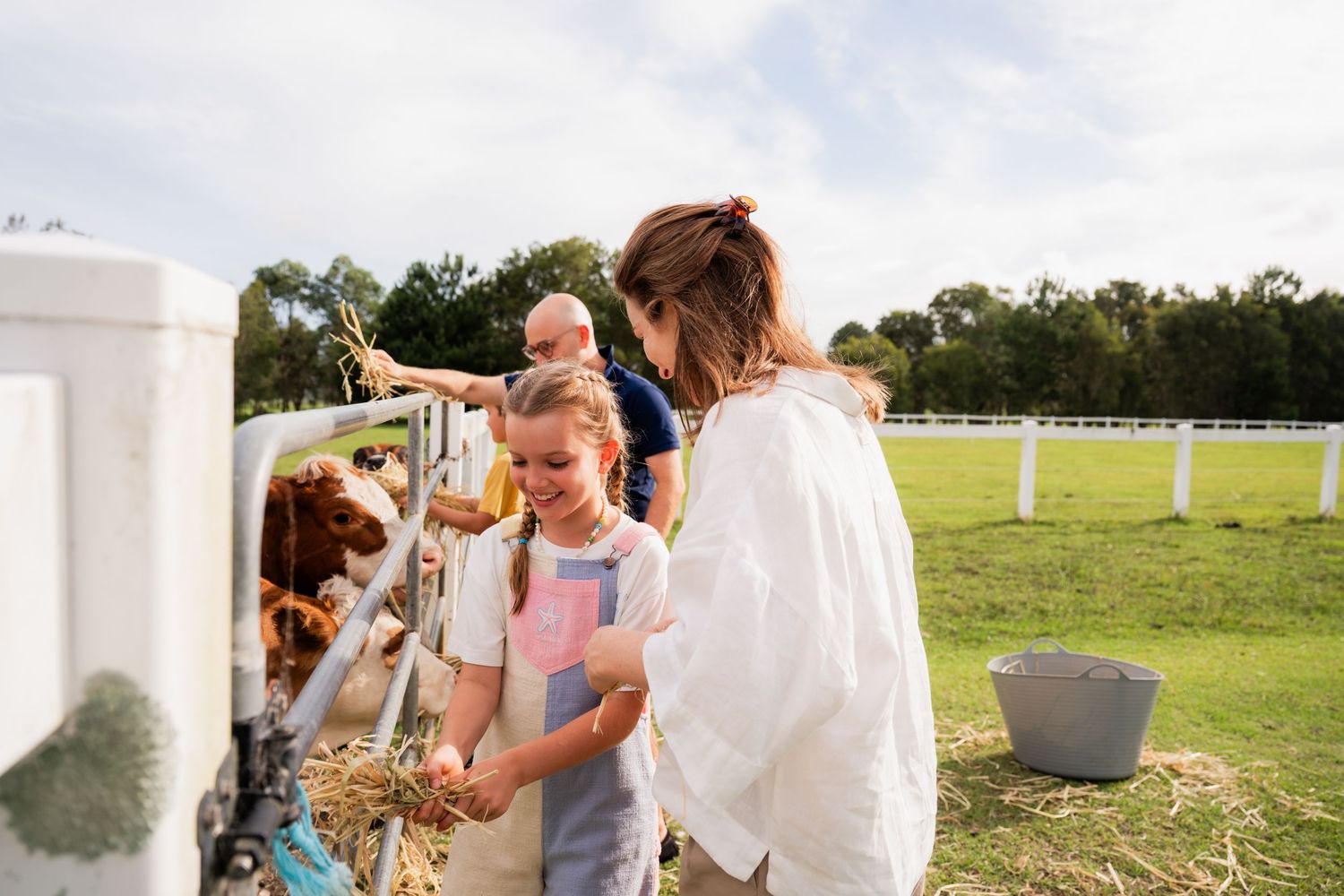 Family feeding farm animals through a fence at a sunny rural farm with green pastures in the background.