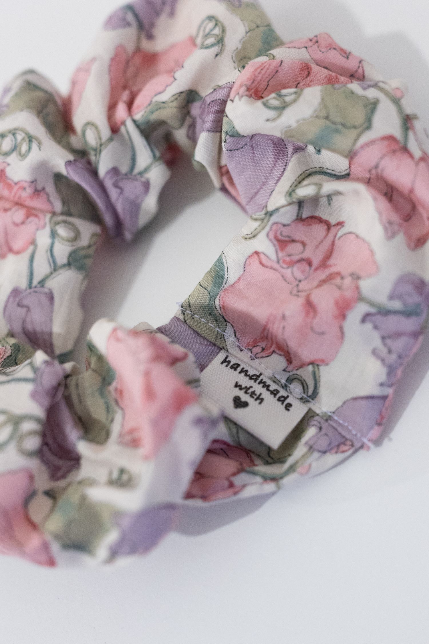 Close up image of homemade scrunchie, for small business owner in Barnet.