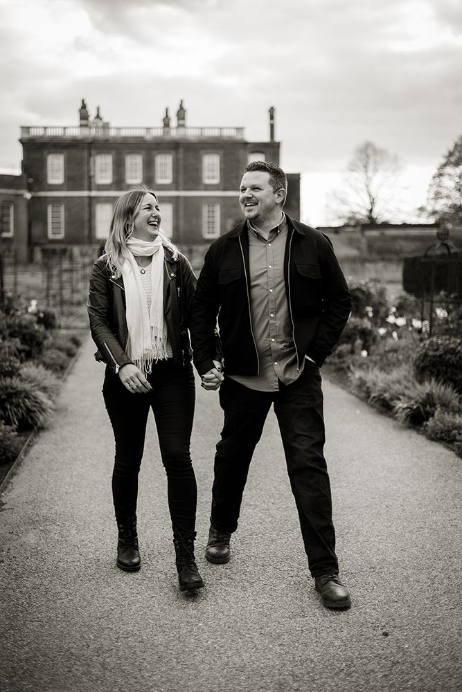Natural walking portrait of the couple on pre-wedding couple shoot in London.