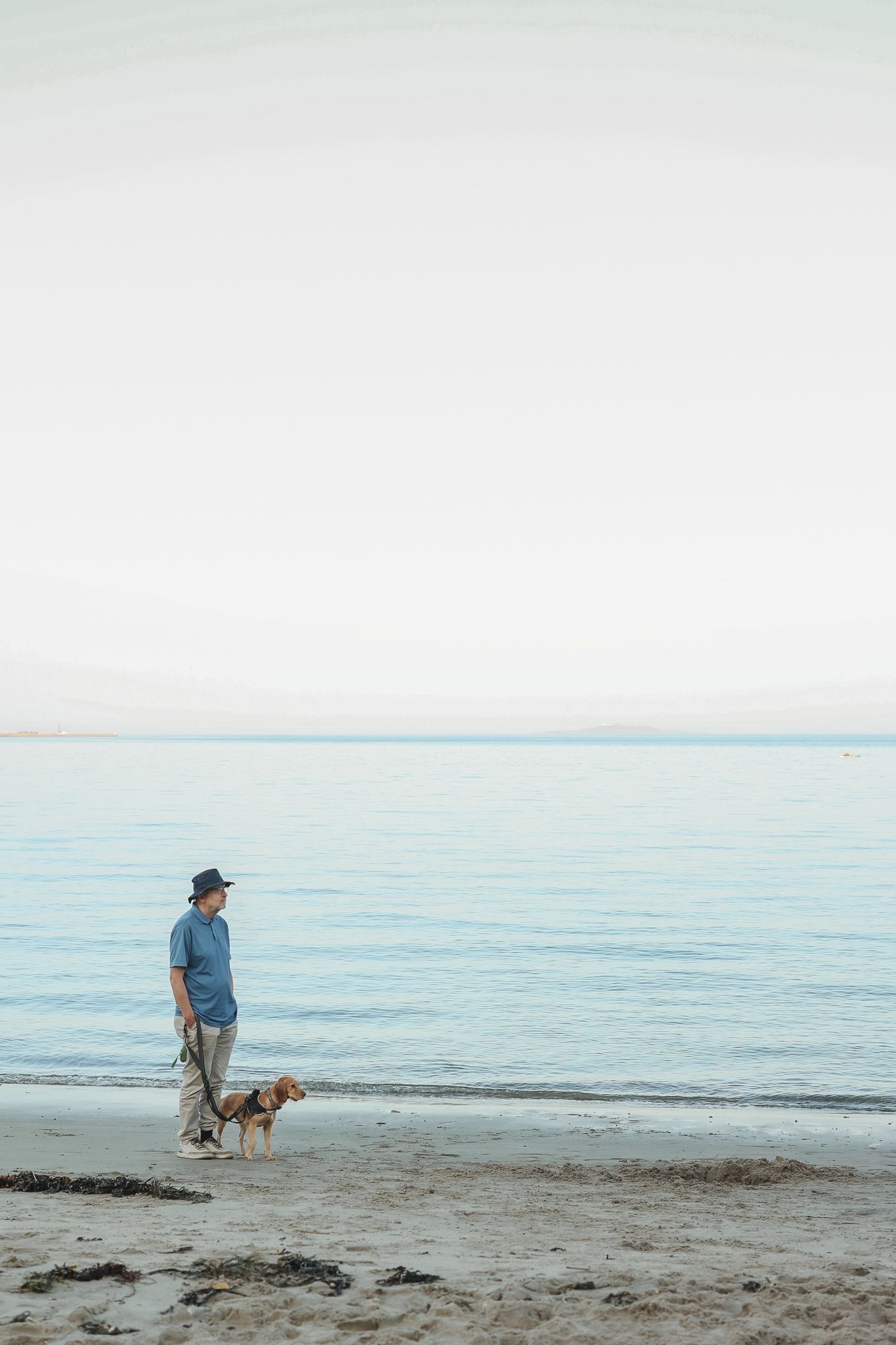 A man and his dog against the backdrop of the tranquil Forth estuary in Fife, Scotland