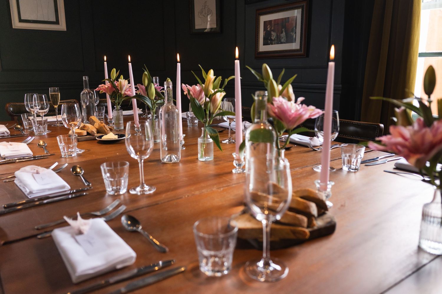 Beautiful and elegant wedding tablescape at The Phene, West London after wedding reception at Chelsea Old Town Hall.