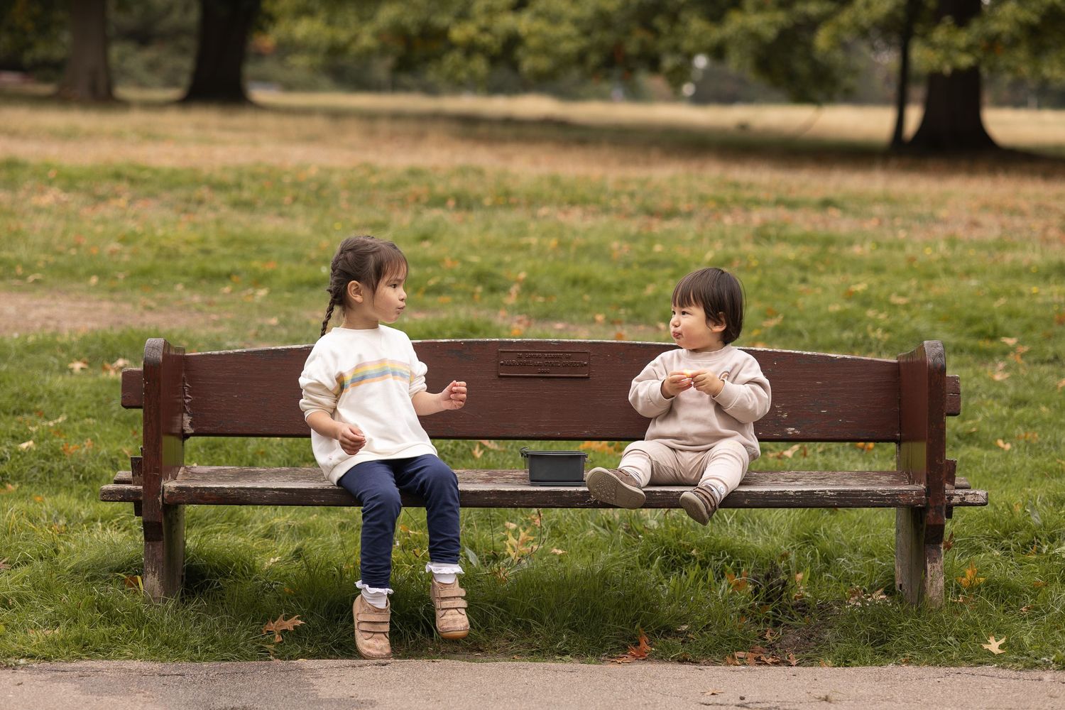Siblings sitting on a bench eating apples during family photoshoot