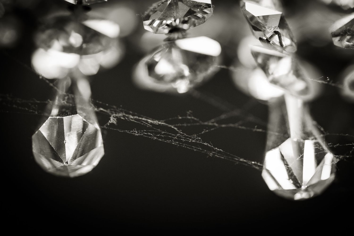 Chandelier and dusty spiders webs for eerie feel.