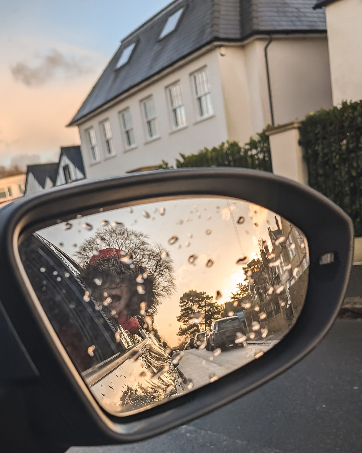 Photo of my daughter's head out of the back window of the car, captured in the car wing mirror. Beautiful sky in the background at blue hour