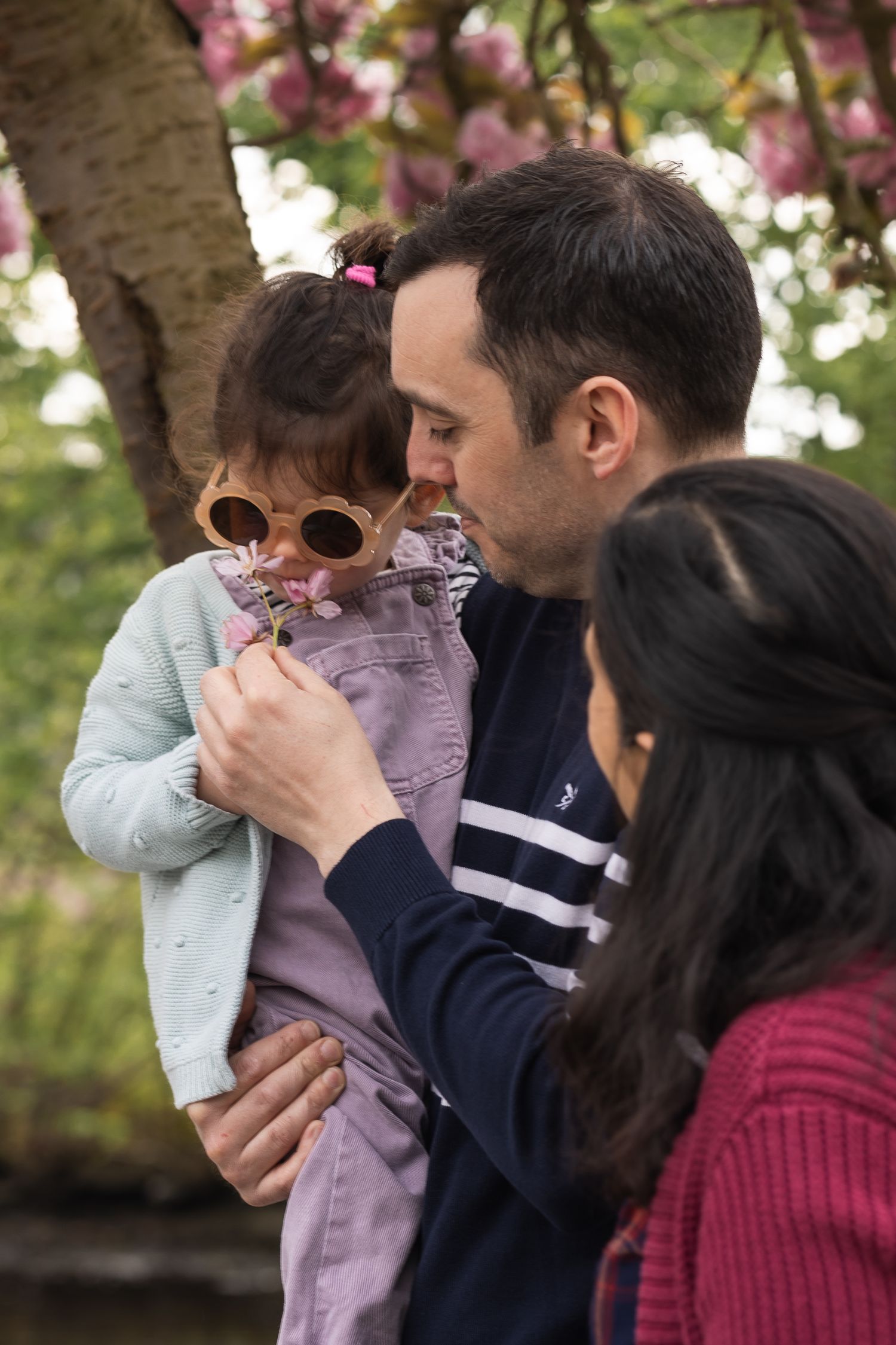 Family of three in Broomfield Park, Enfield. Standing underneath the pink cherry blossom tree.