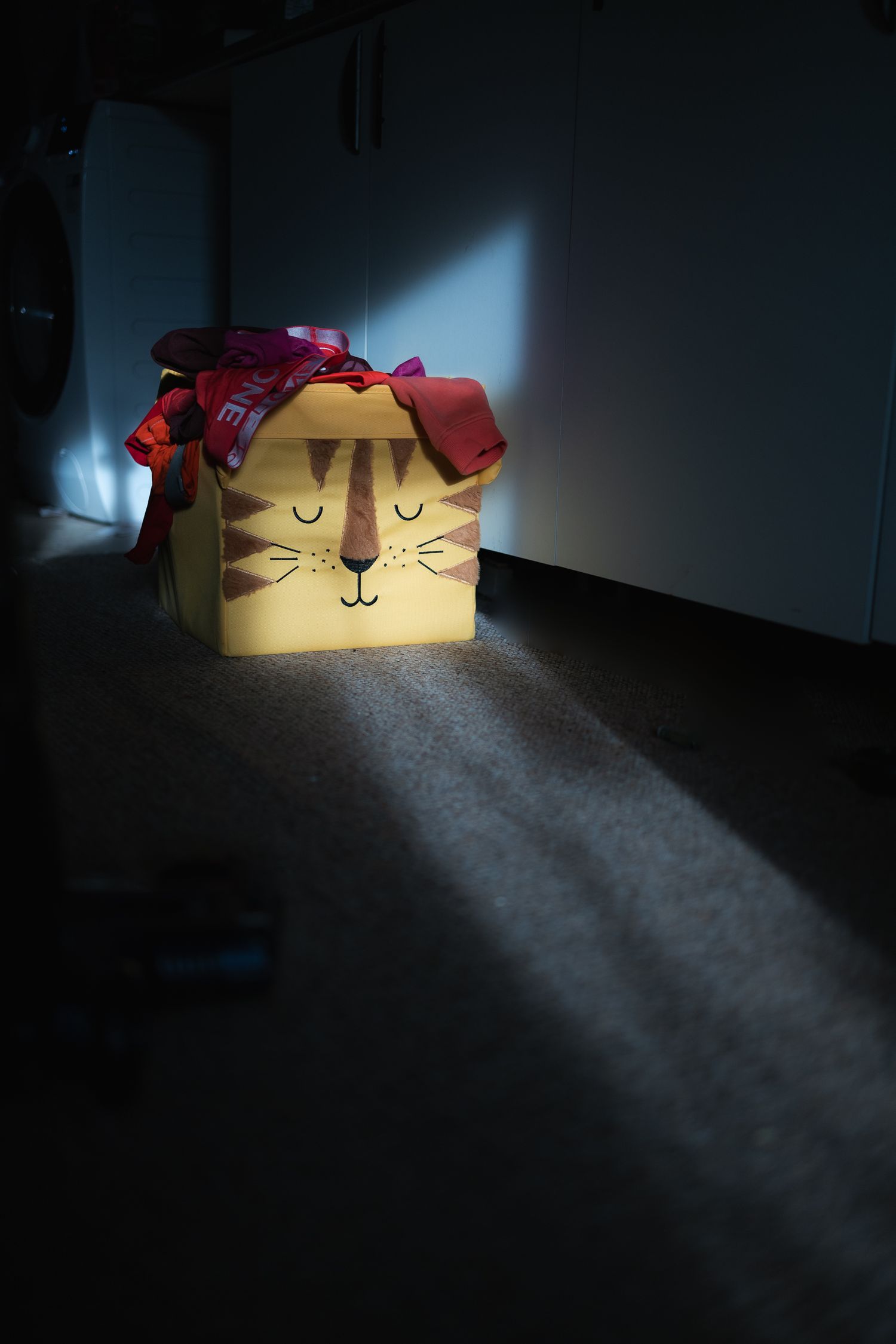 Wash basket full of red clothes sits in the smallest slither of light in the utility room.