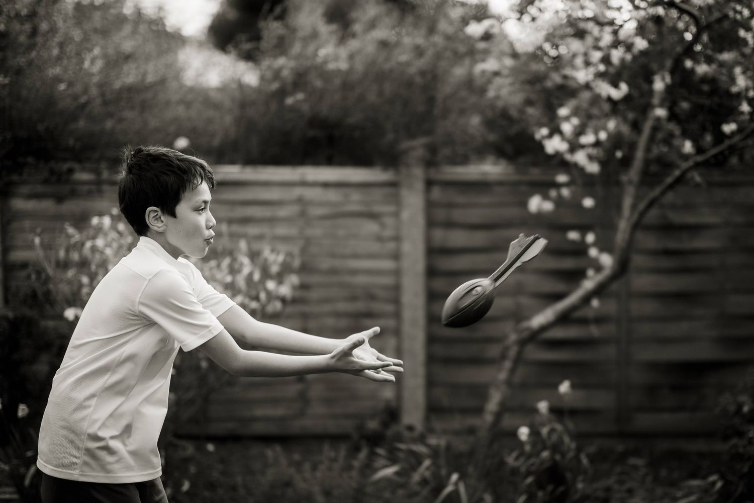 Practising with 50mm 1.2 in the garden. Young boy playing catch in the garden.