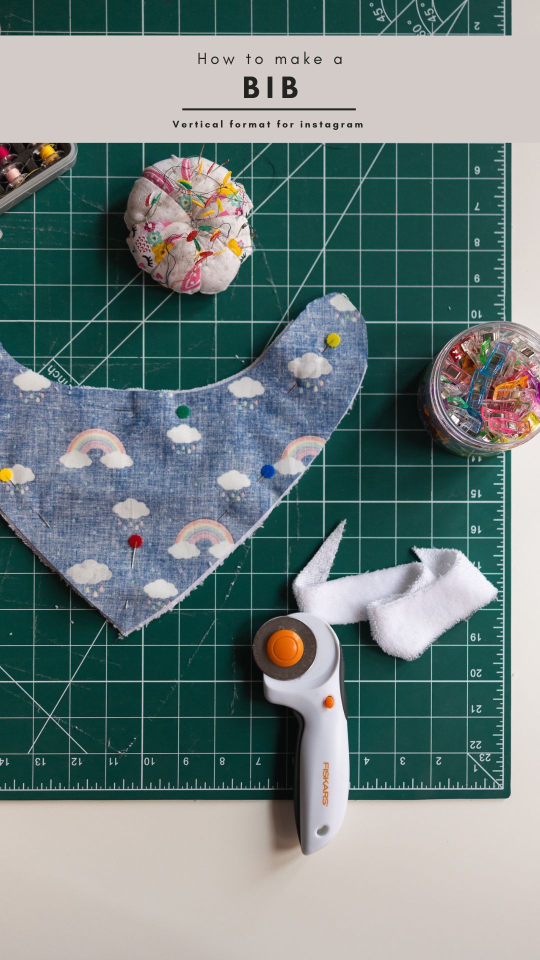 Flatlay of tools. Behind the scenes at Ruth's sewing studio in London.