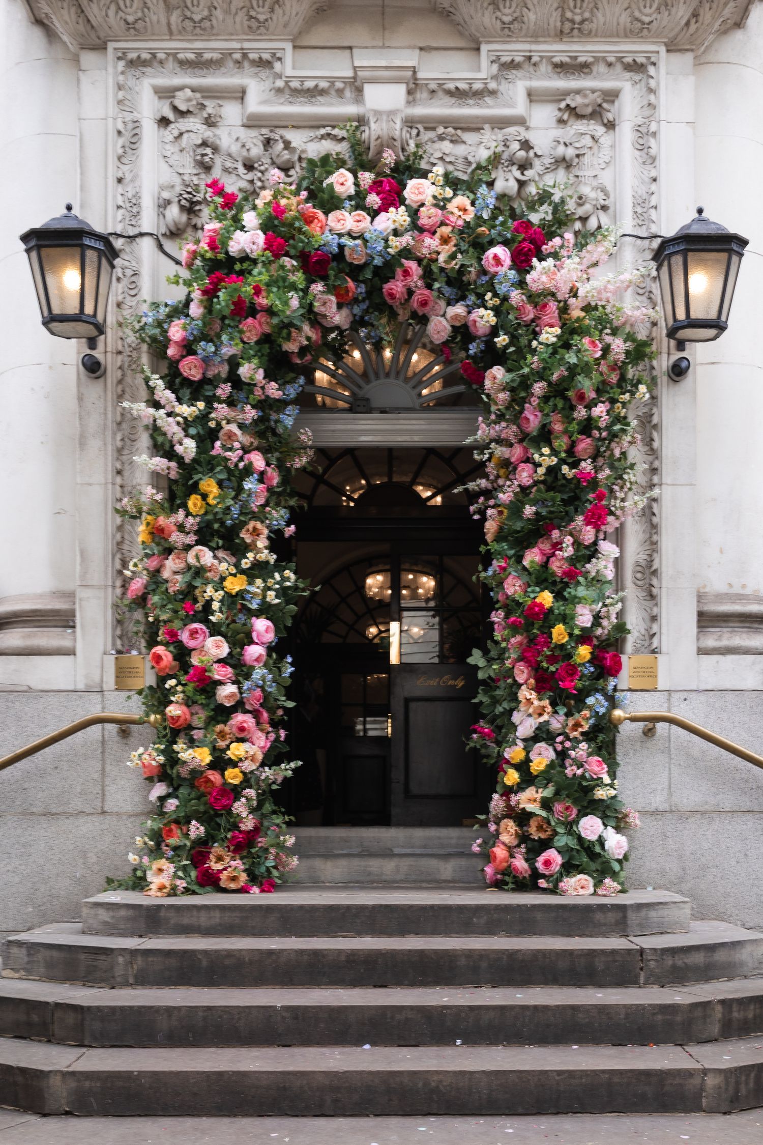 Floral Archway and infamous blue door at Chelsea Old town hall