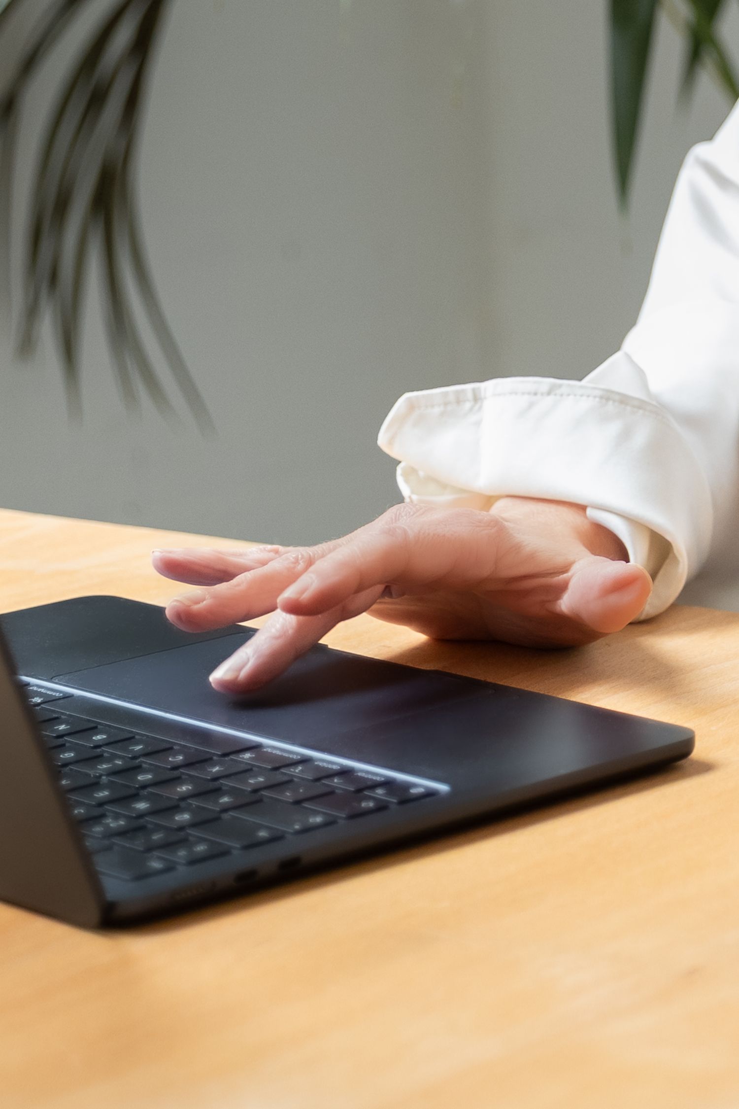 Person in white shirt using laptop touchpad on wooden desk with green plant in background.