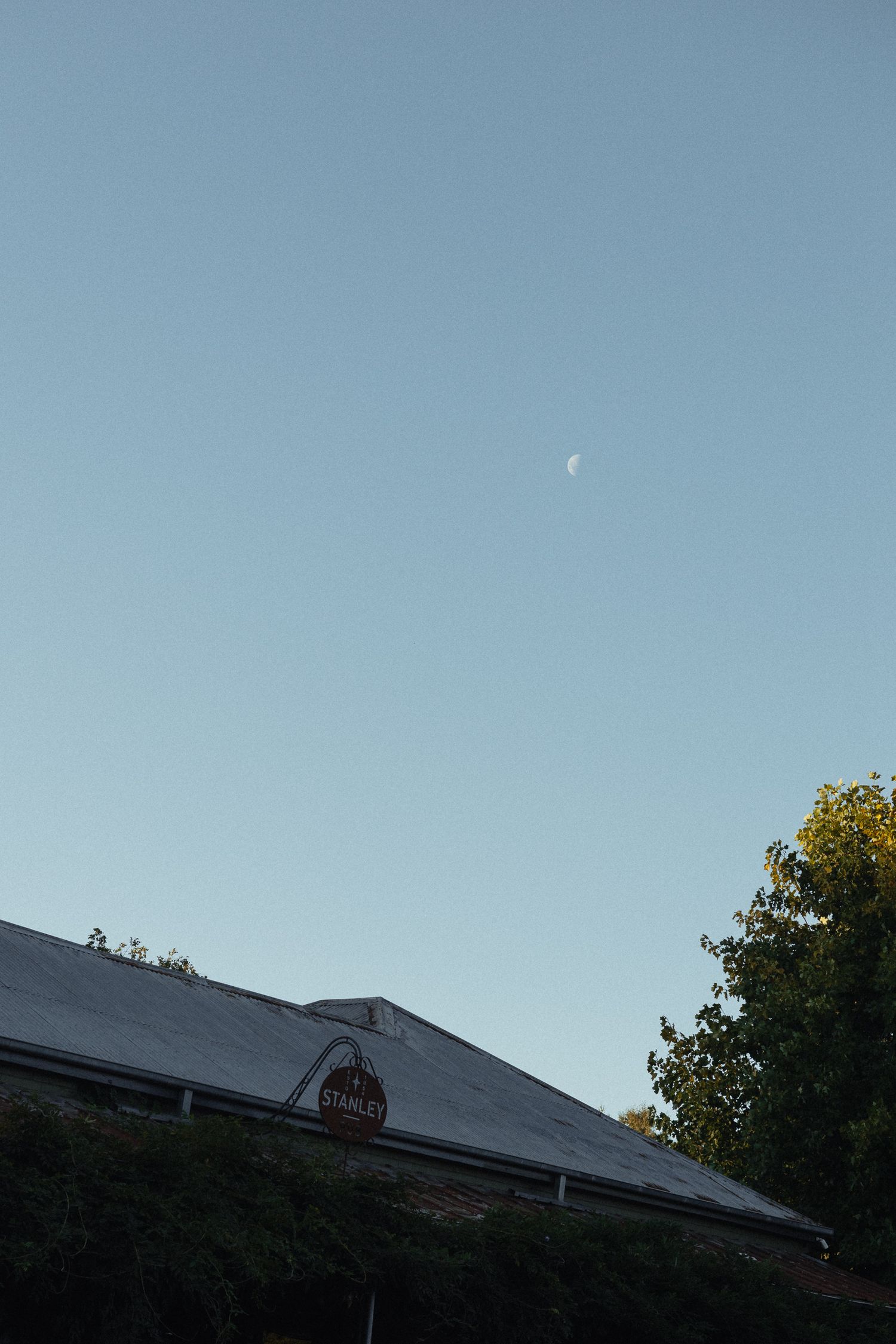 A crescent moon visible in a pale blue sky above a dark roofline with trees peeking into frame.