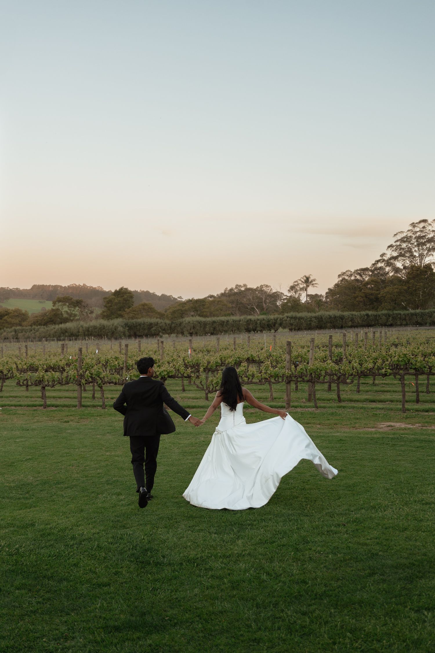 A couple walks through a vineyard at sunset while the bride's white dress flows dramatically in the wind.