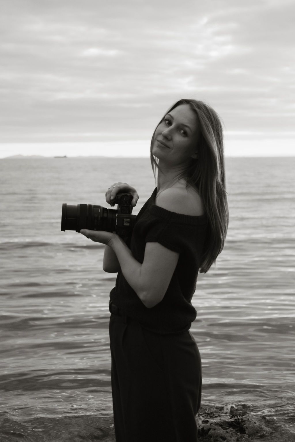 A black and white photo sequence shows someone in dark clothing drinking from a bottle against an ocean backdrop.