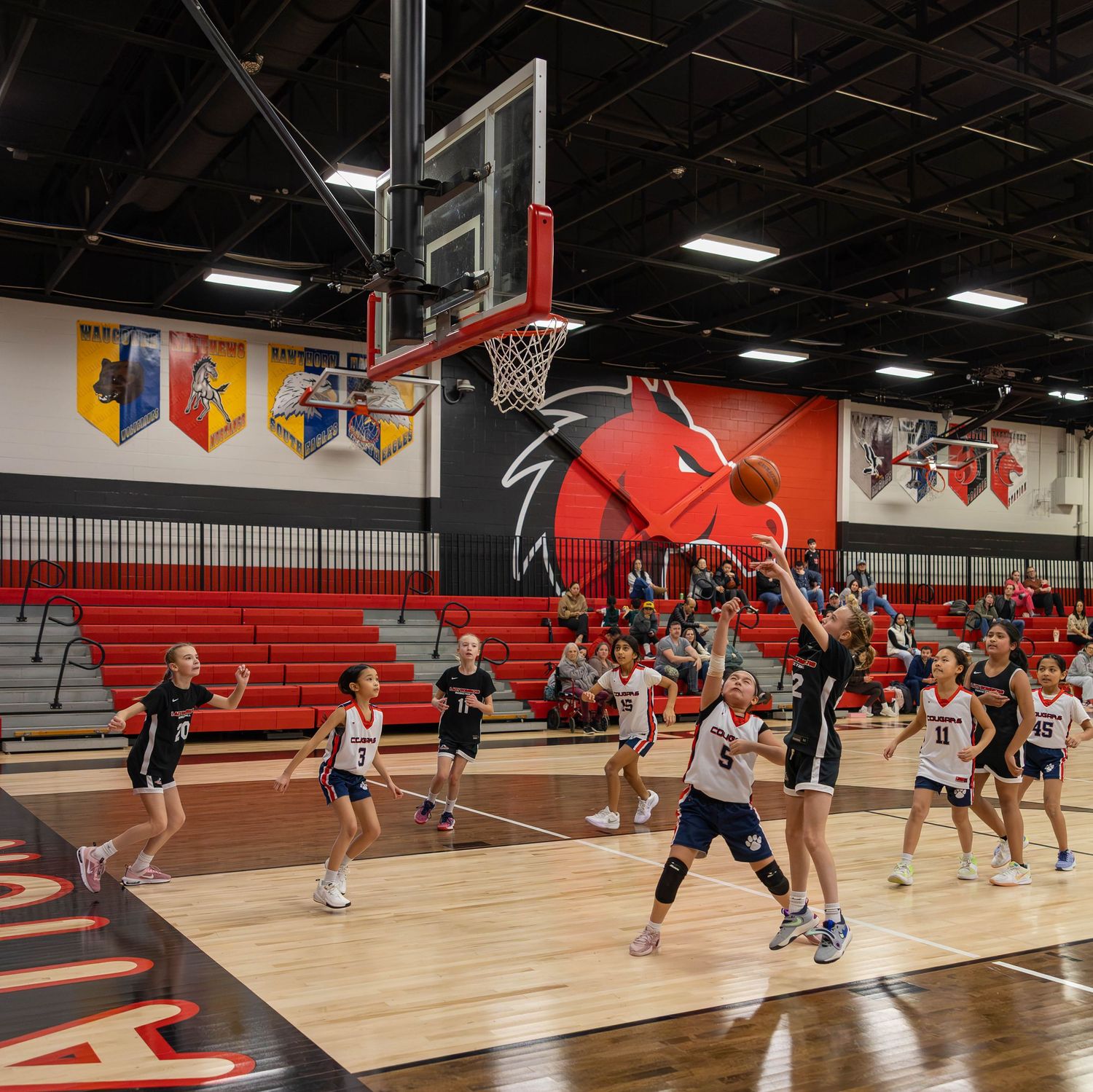 Young girls playing basketball in a school gymnasium with red bleachers and team banners on the walls.