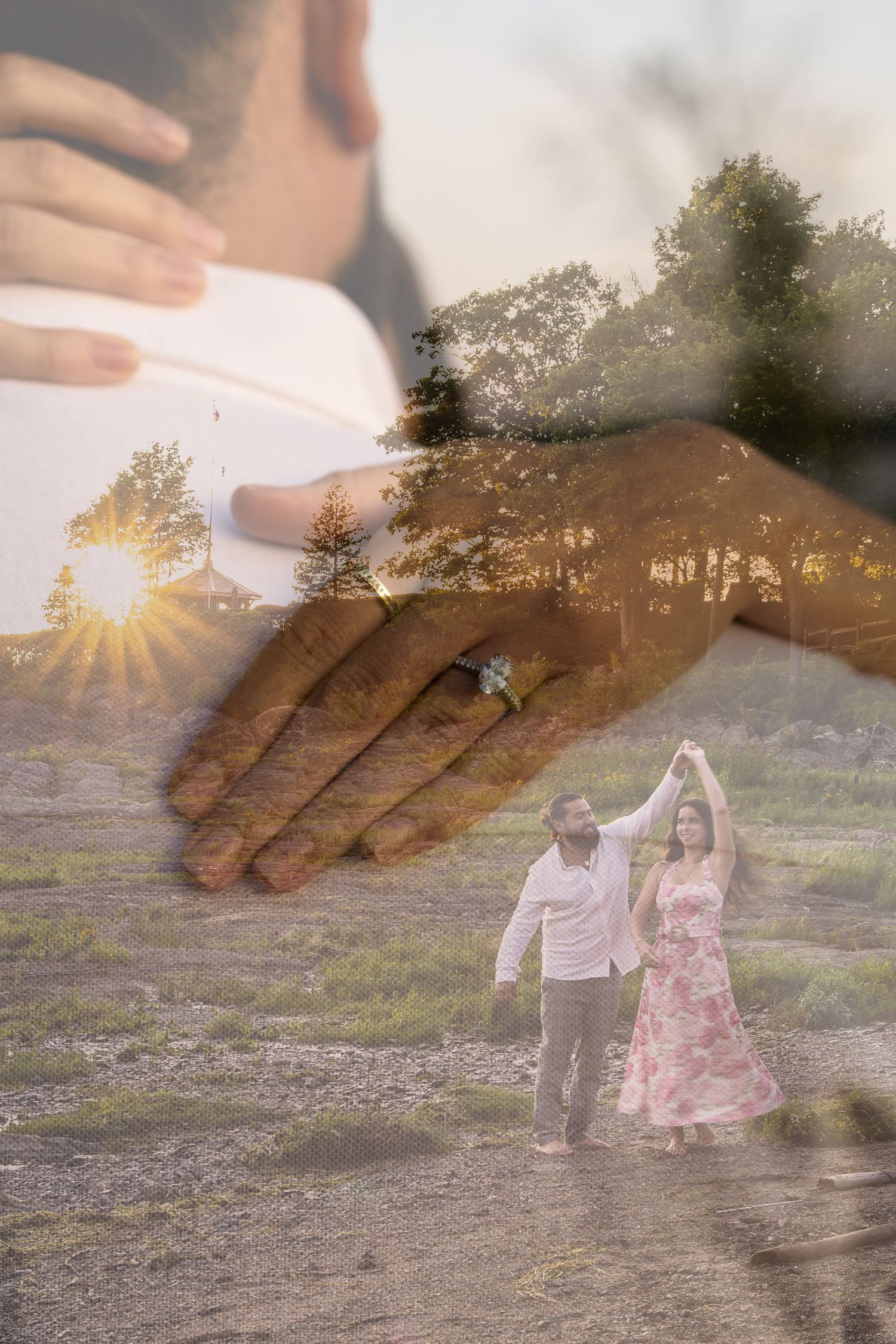 Double exposure romantic couple dancing outdoors blended with close-up of engagement ring at sunset.