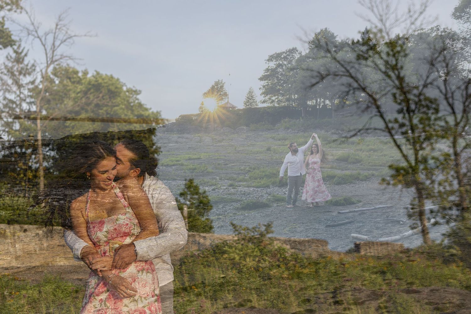 Double exposure photo of a romantic couple embracing outdoors, blended with a serene landscape scene at golden hour.