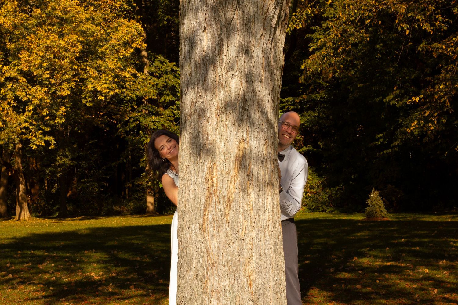 Playful bride and groom peek out from opposite sides of a large tree trunk in autumn park.
