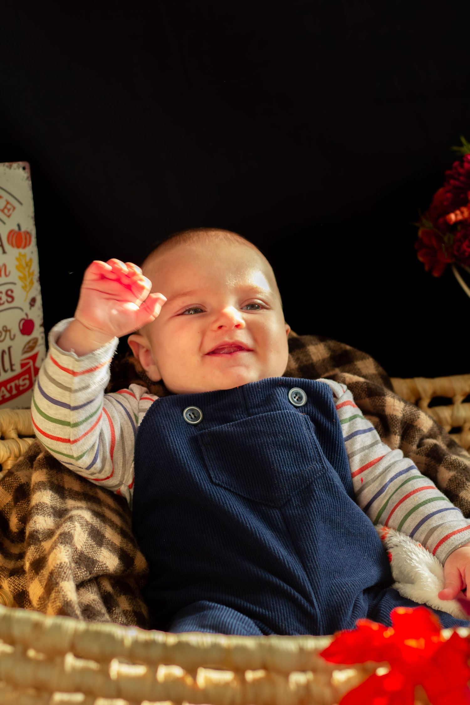 Smiling baby in blue overalls and striped shirt sitting in a wicker basket with fall decorations.