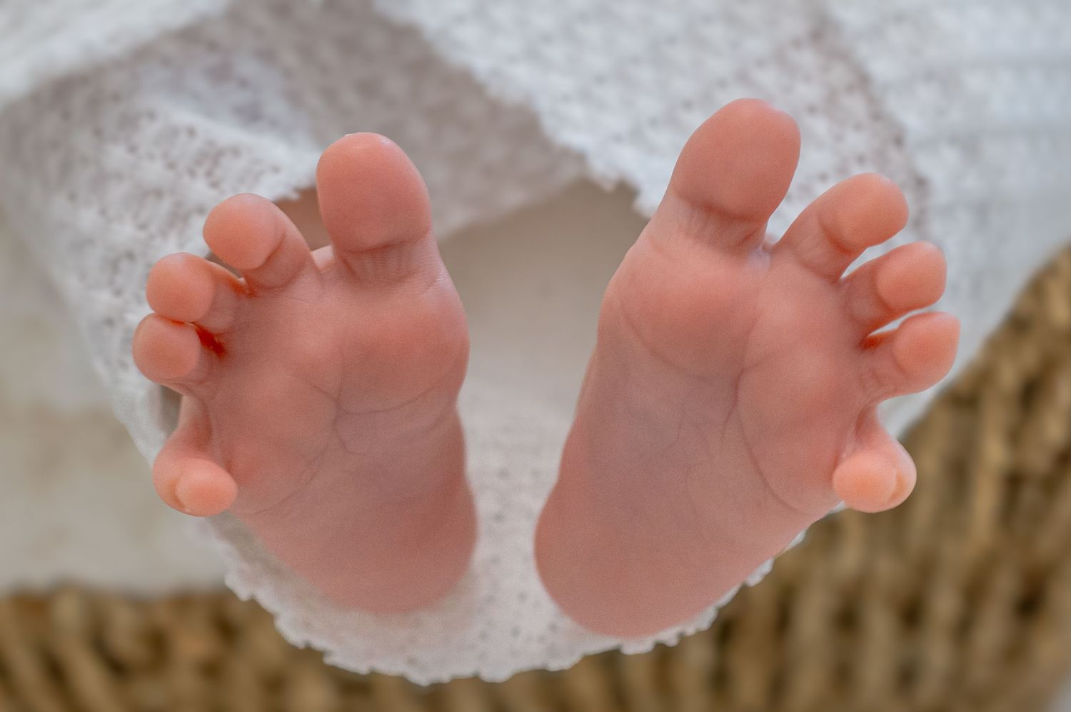 Close-up of newborn baby feet wrapped in a soft white knit blanket in a wicker basket.