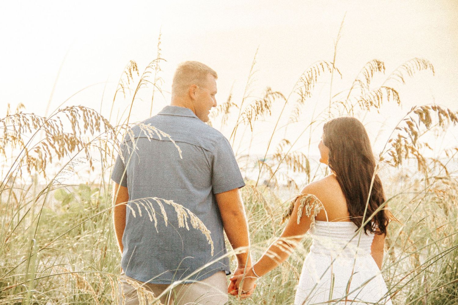 A couple walking hand in hand through golden tall grass at sunset, backlit by warm glowing sunlight.