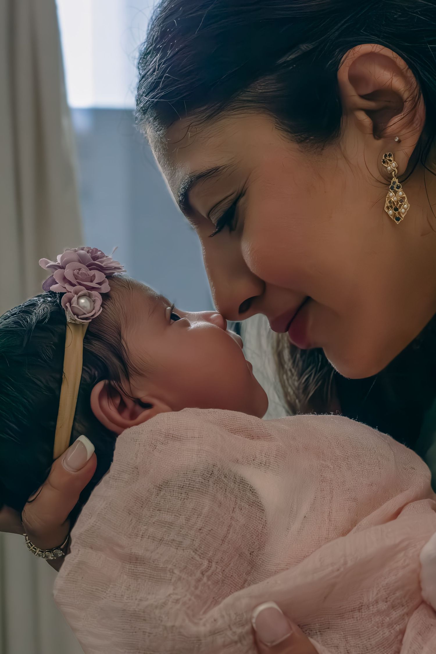 A smiling mother tenderly holds her newborn baby girl wearing a pink floral headband, wrapped in a soft pink blanket.