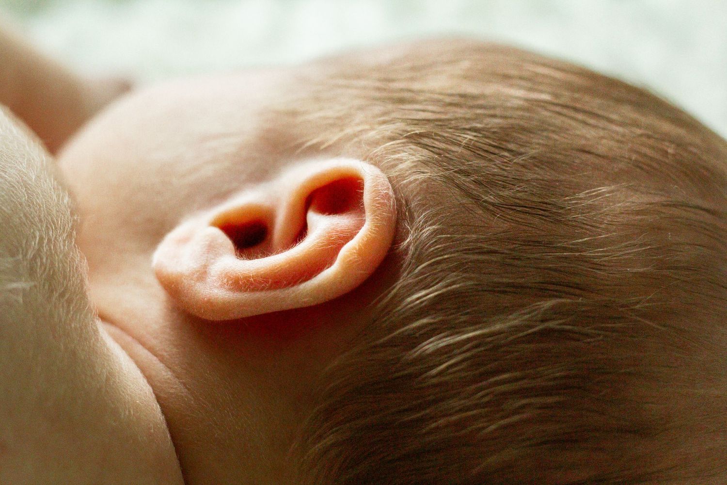 Close-up of a newborn baby's delicate pink ear with fine hair visible on the head.