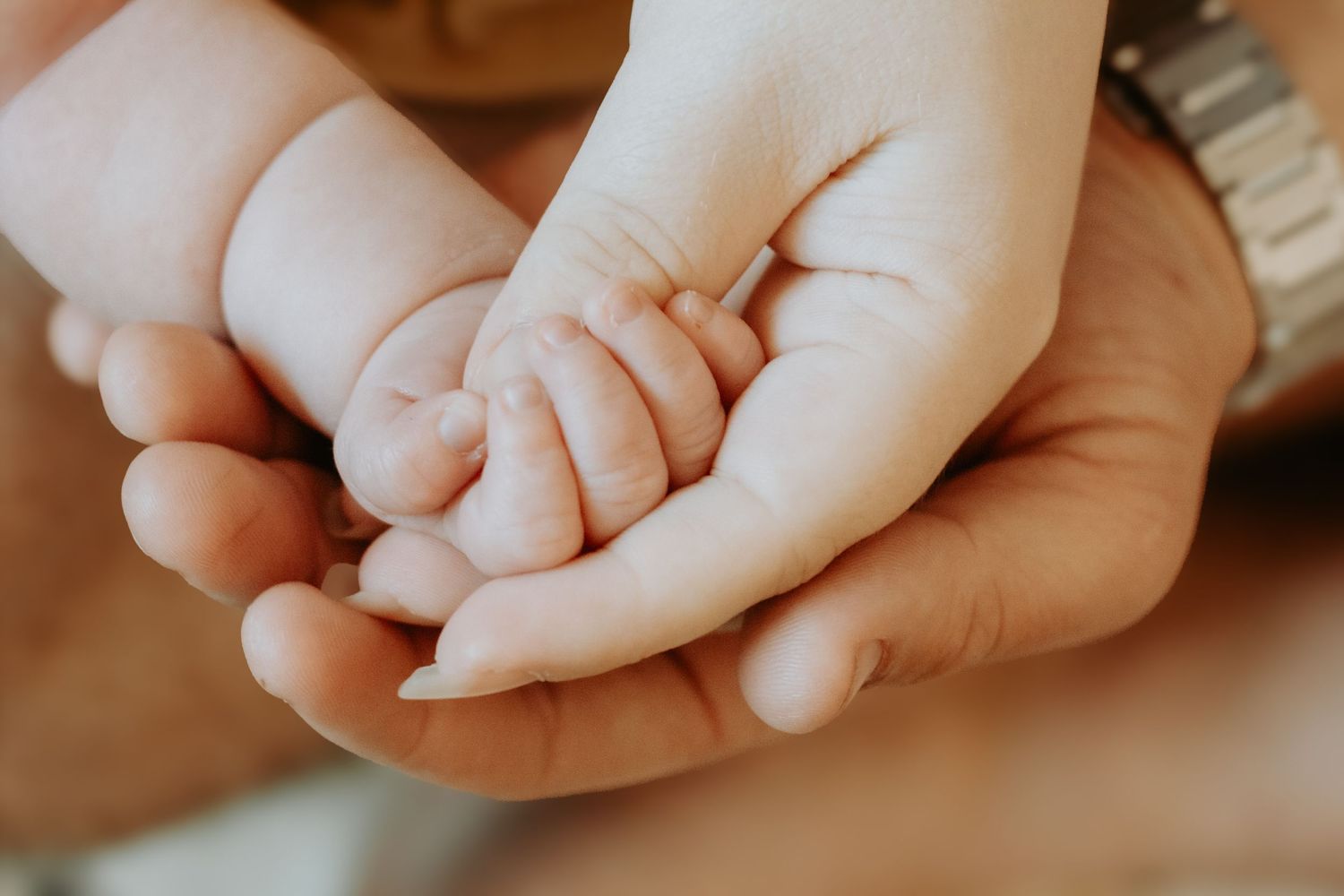 Adult hands gently cradling a newborn baby's tiny hand, symbolizing love, protection, and new parenthood.