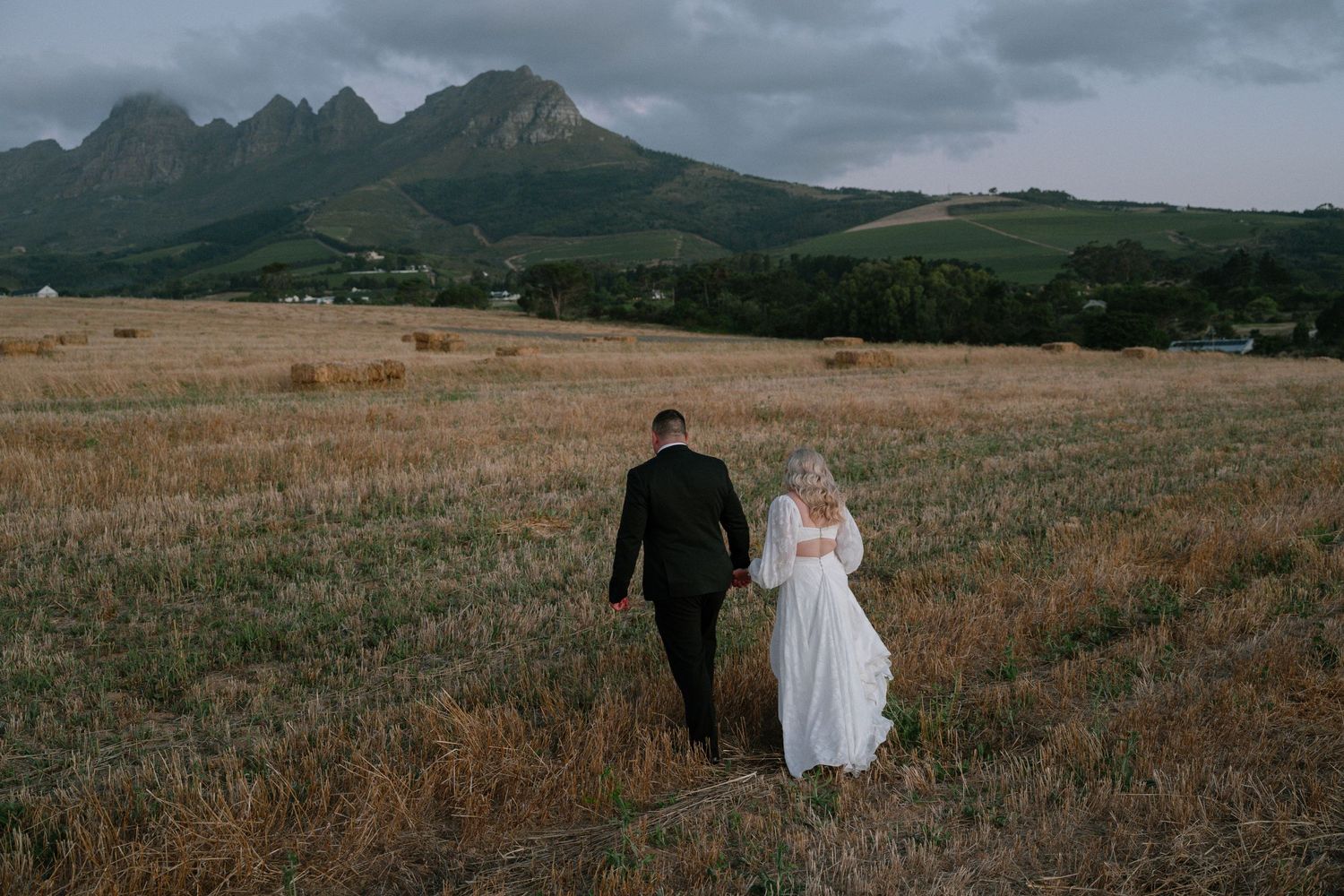 A couple walking through a golden field towards distant mountains at sunset.
