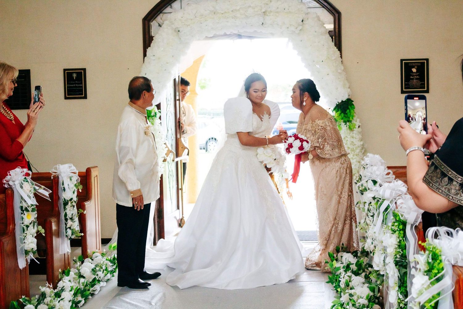 A photo sequence showing a group dancing and celebrating in formal attire at an elegant indoor venue.