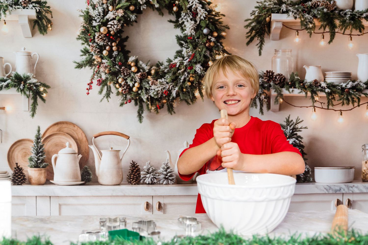 A series of photos showing someone mixing ingredients in a white bowl with Christmas decorations in the background.