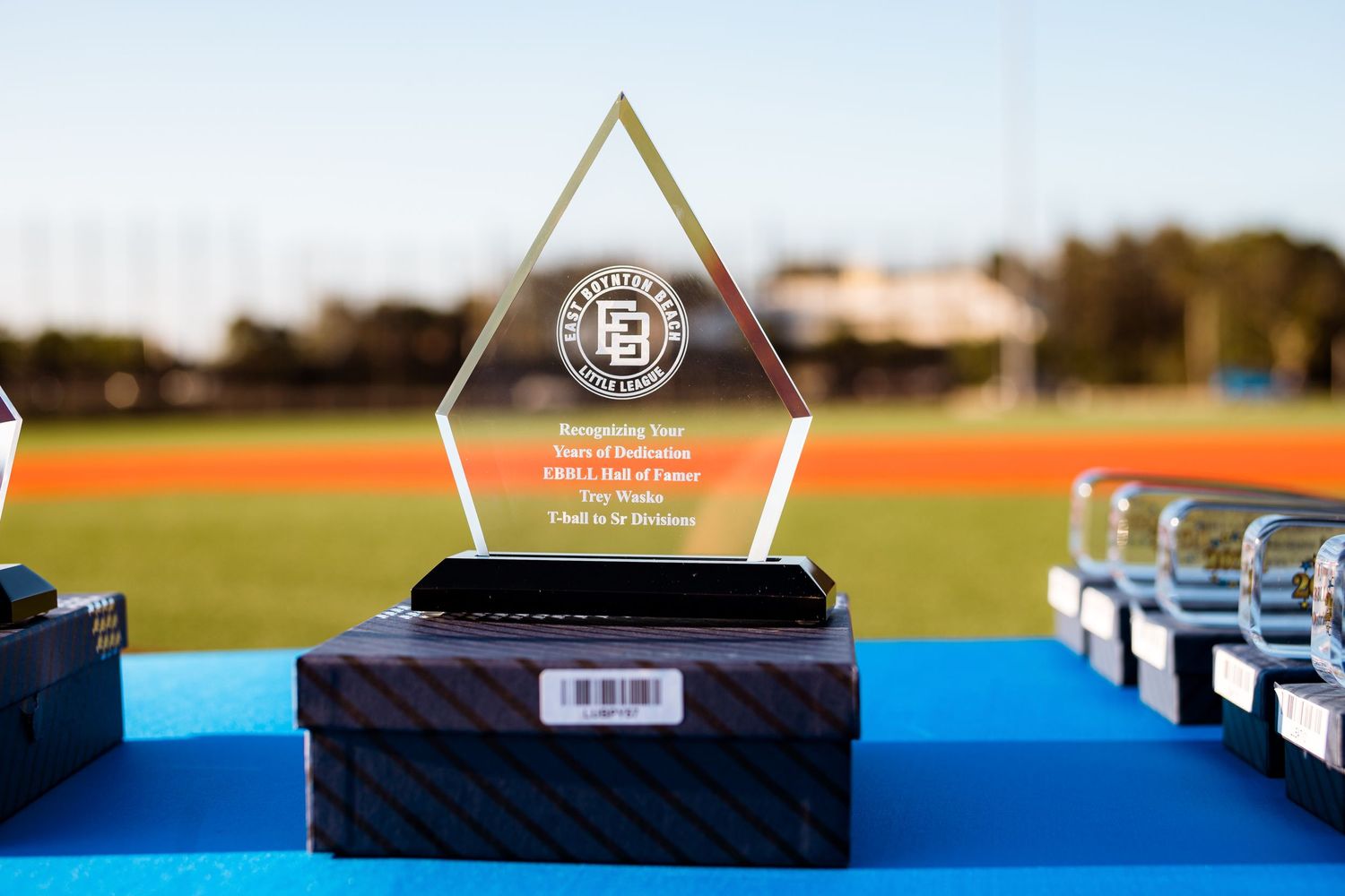 Diamond-shaped crystal award trophy displayed on blue tablecloth at outdoor event.