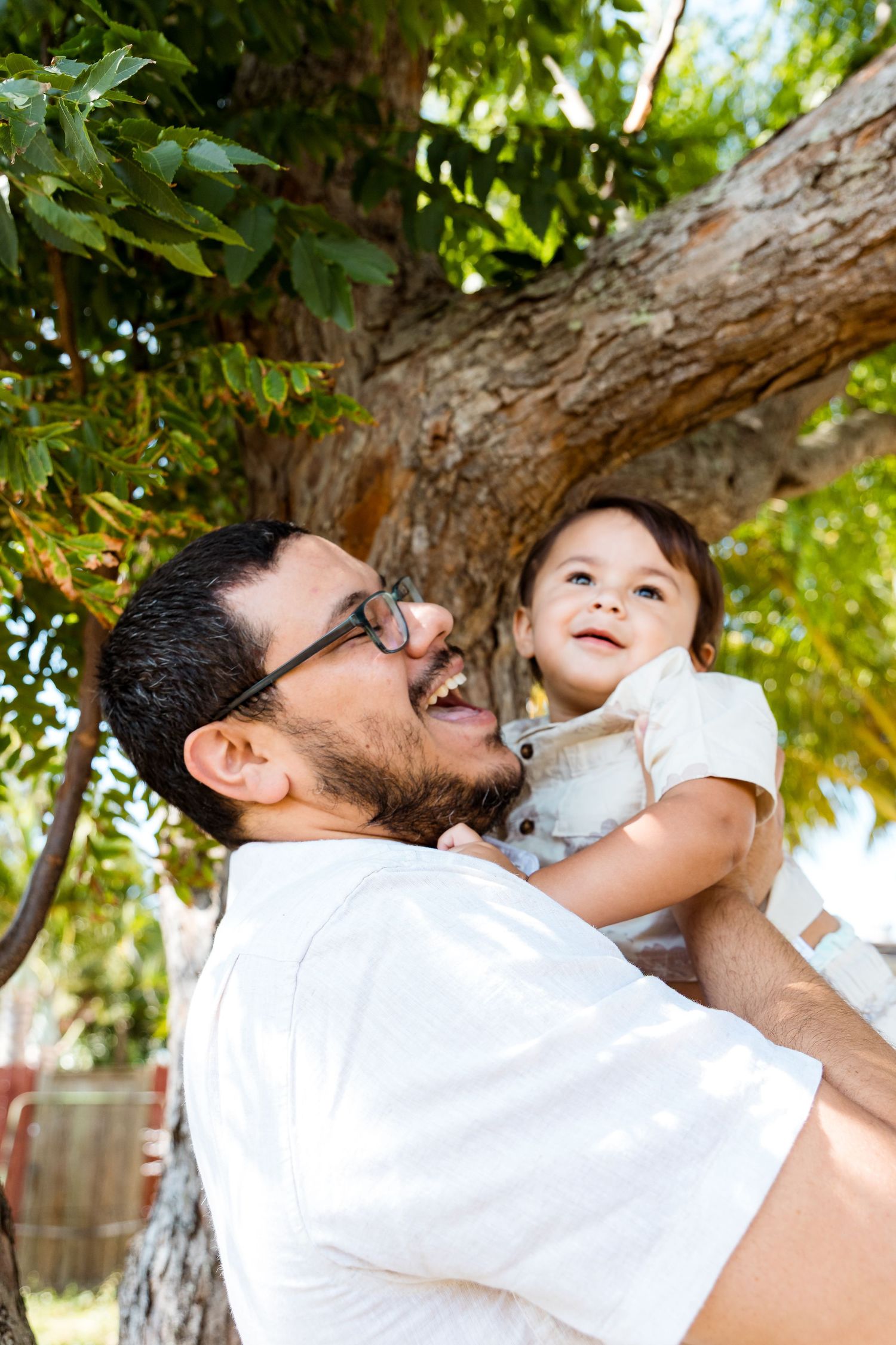 A playful moment captured between adult and child by a tree in bright sunlight.