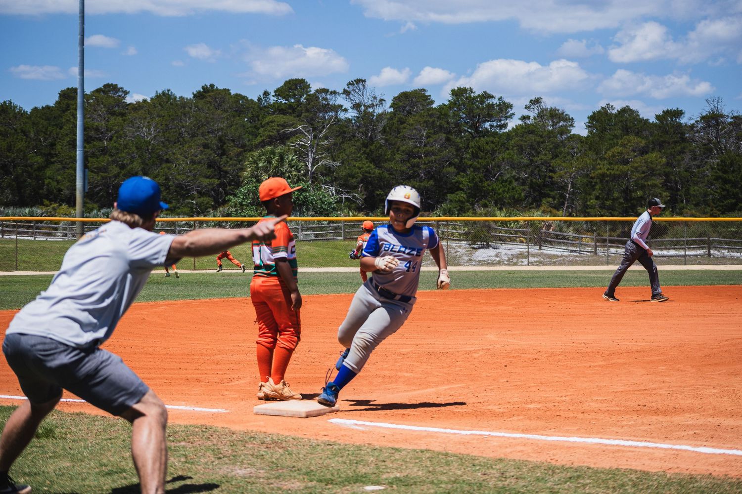 Baseball players in action on a dirt field during a game with pine trees and blue sky in the background.