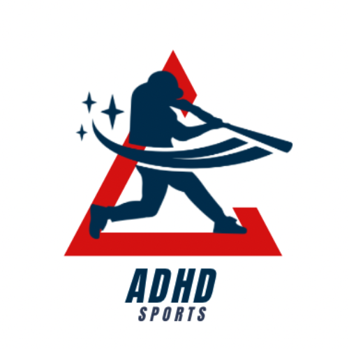 ADHD Sports logo featuring stylized athlete silhouette in navy and red triangle design.