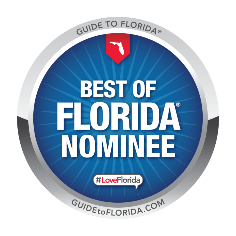 Collection of blue and silver circular Guide to Florida award badges and nominee logos arranged horizontally.
