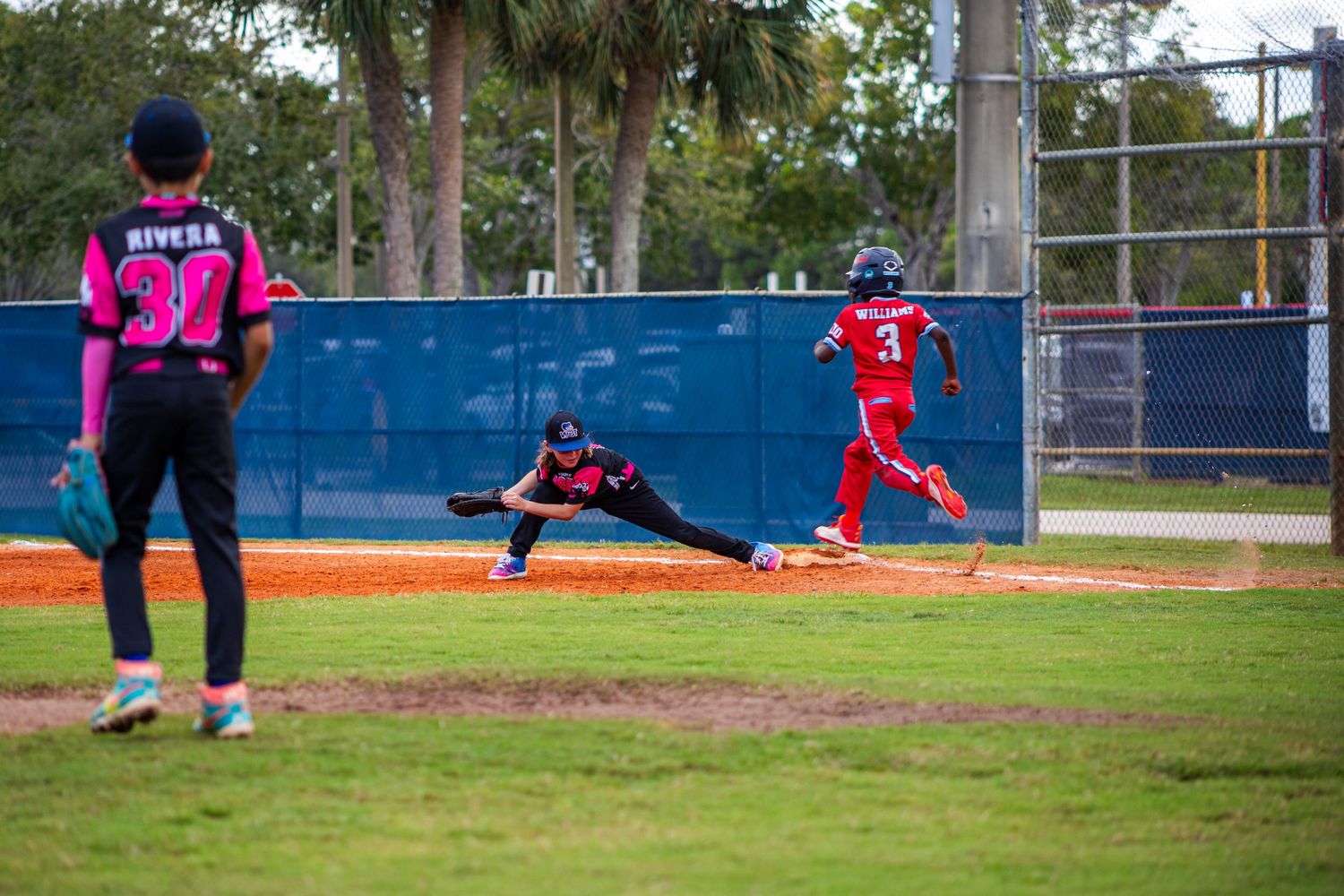 Baseball players in pink uniforms practicing on a sunny field with trees in the background.