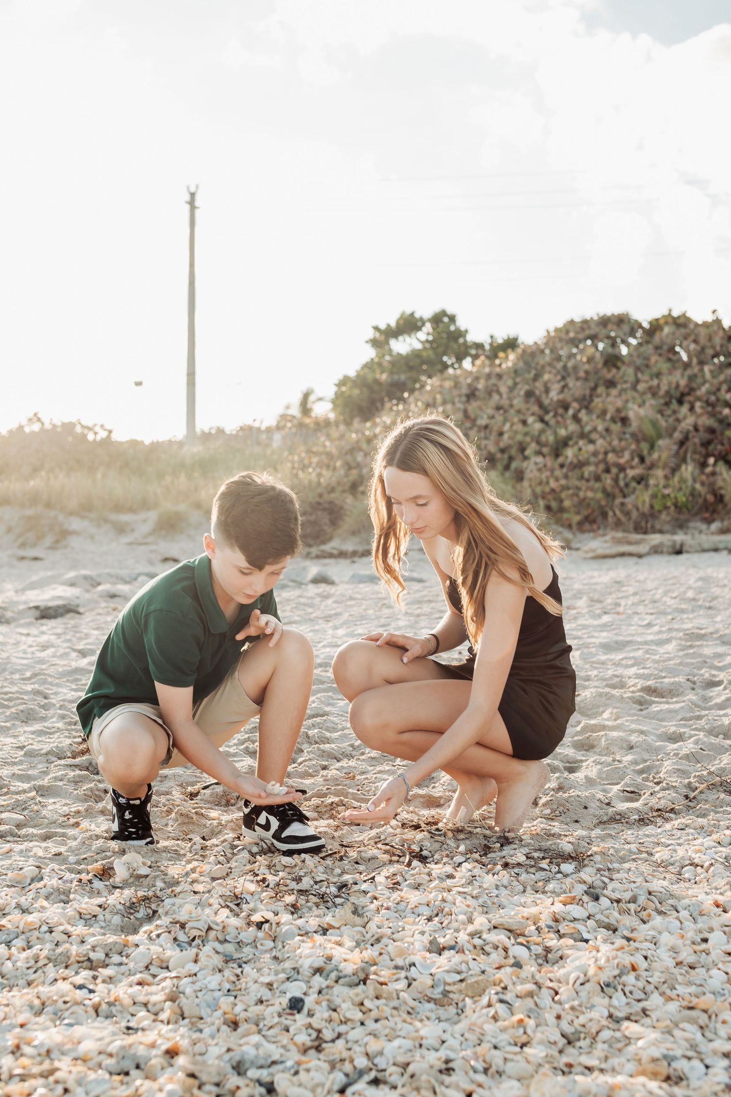 Two people examining shells and rocks together on a sunny beach near the water.