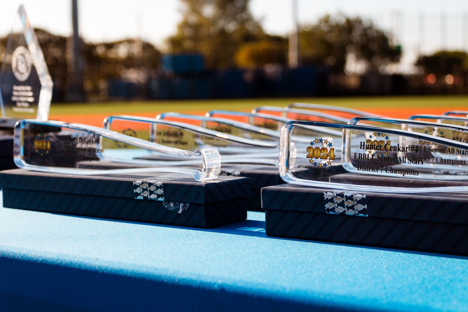 Row of baseball trophies lined up on blue surface.