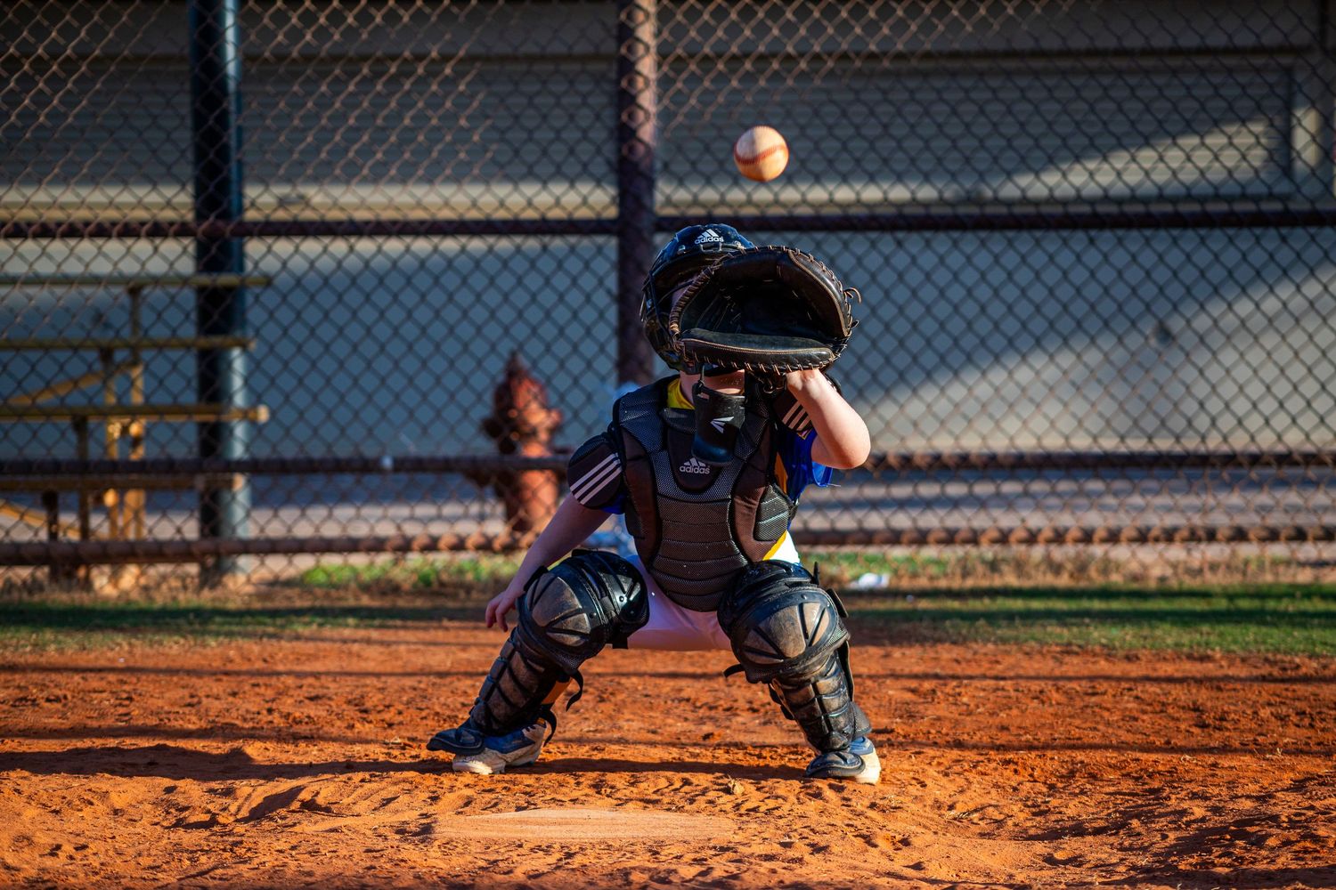 Baseball player swings bat during sunset game with ball in motion against chain link fence backdrop.