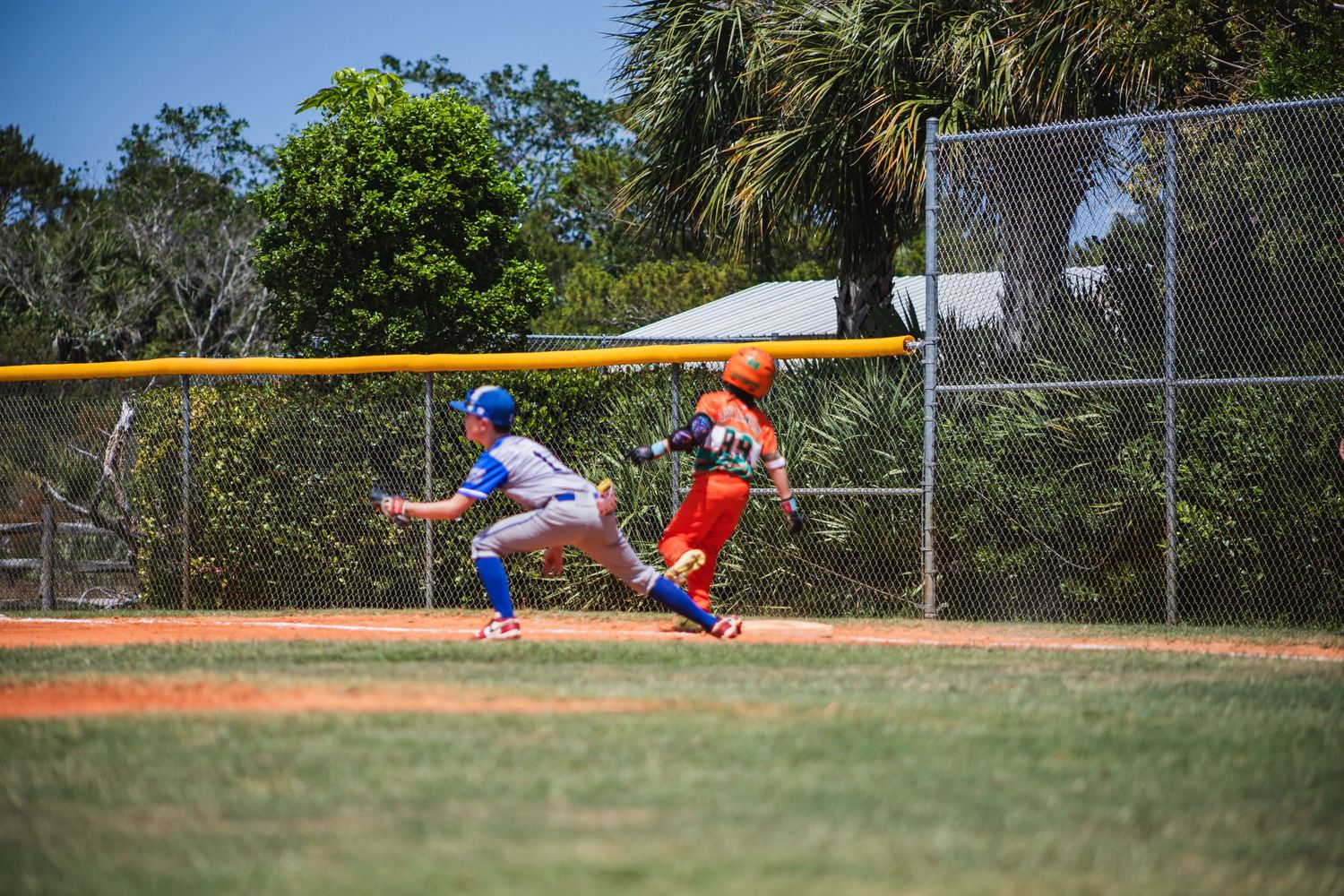 A baseball catcher in blue crouches behind home plate as a player in red prepares to bat on a sunny day.