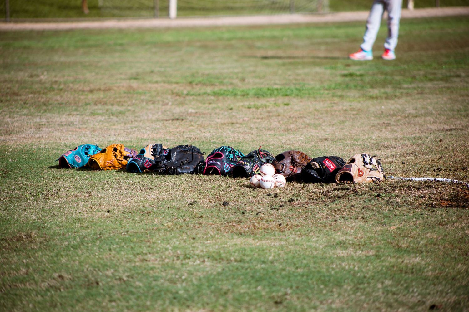 Baseball gloves and equipment laid out in a line on a grass field during a game.