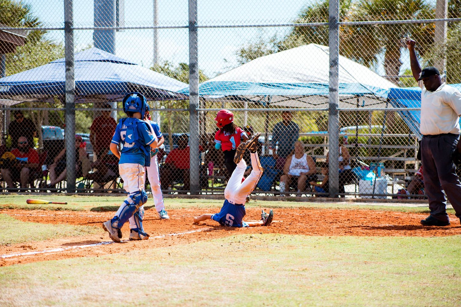 Youth baseball game showing a catcher and batter at home plate under blue canopy tents on a sunny day.