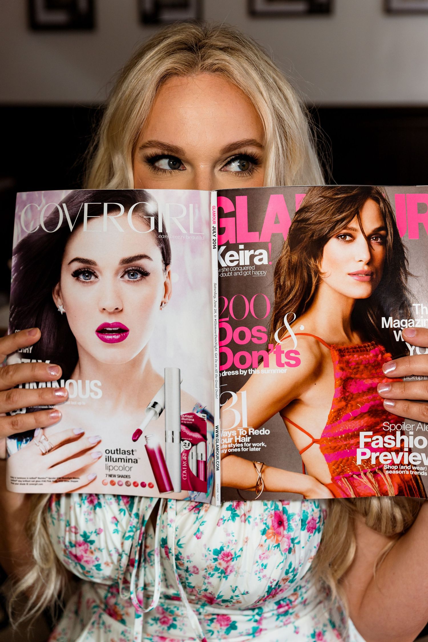 Fashion magazine covers and editorial photos featuring floral print clothing and beauty shots with dramatic makeup.