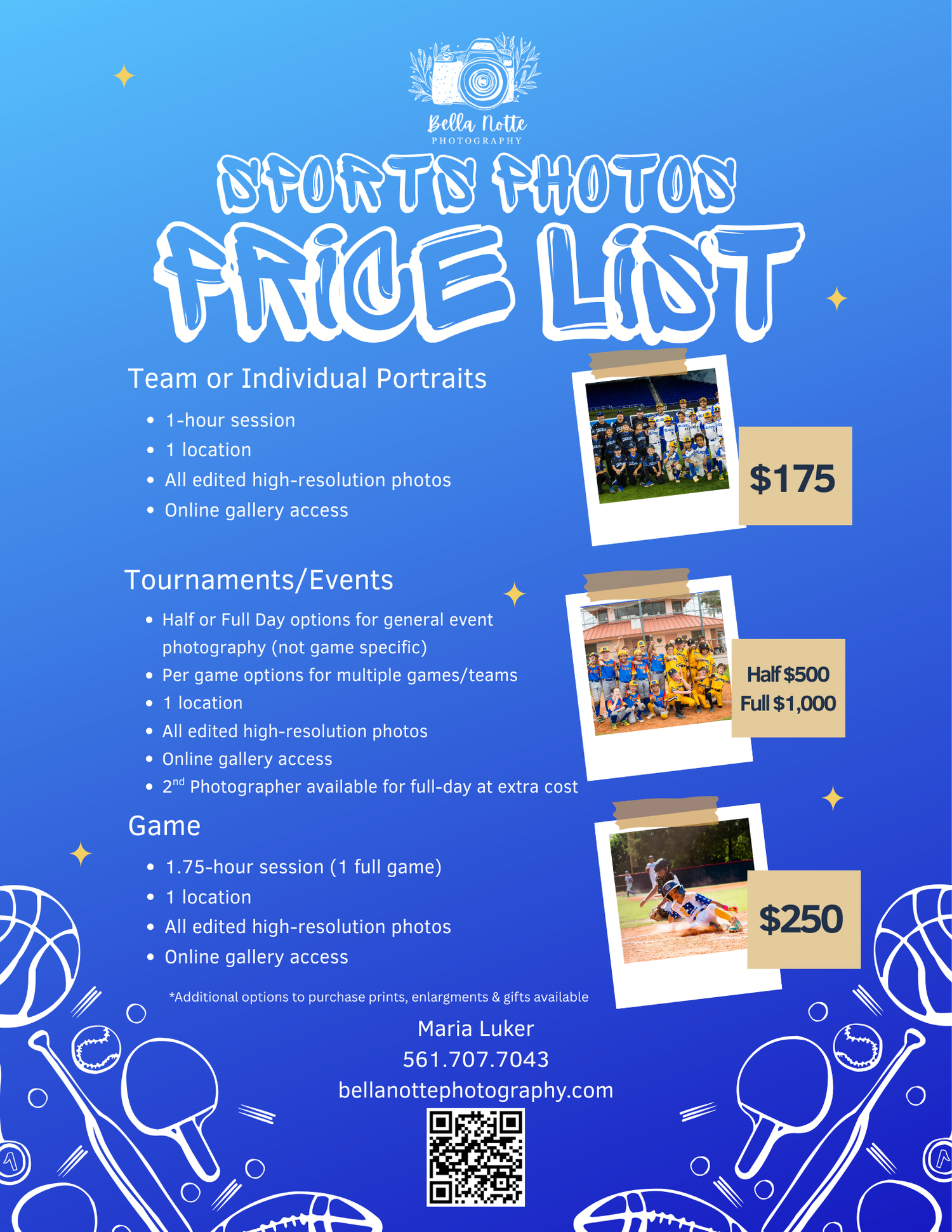 Blue sports photography pricing menu with white decorative elements displaying package options and costs for team photos.