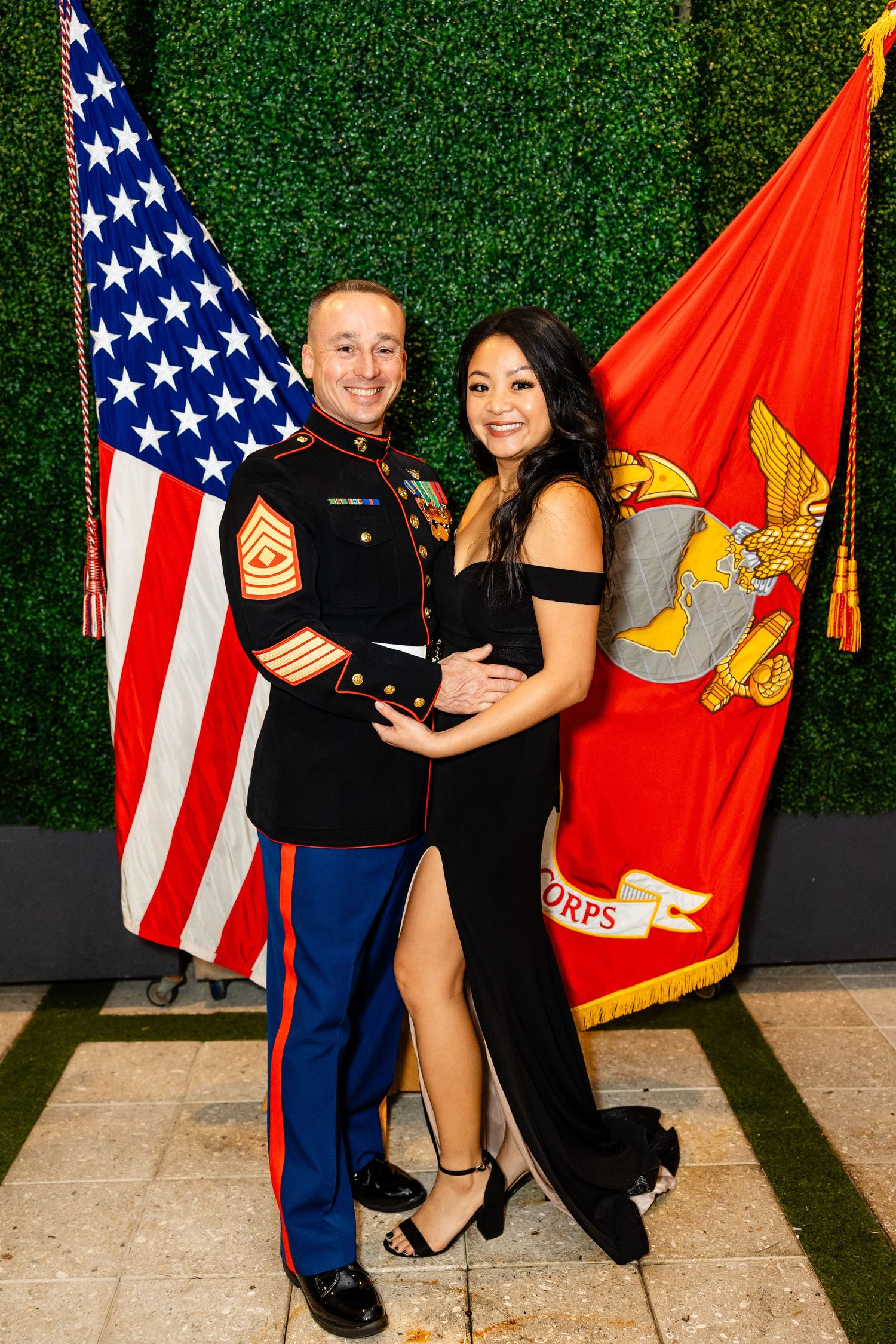 A series of formal photos showing a Marine in dress uniform with a companion against a green hedge backdrop.