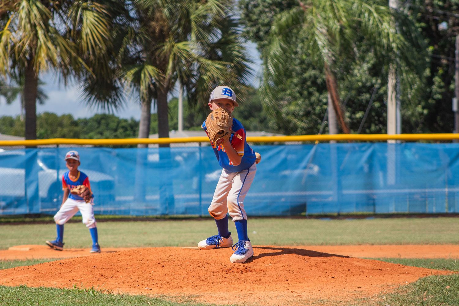 A youth baseball pitcher in mid-delivery on the pitching mound with palm trees in background.