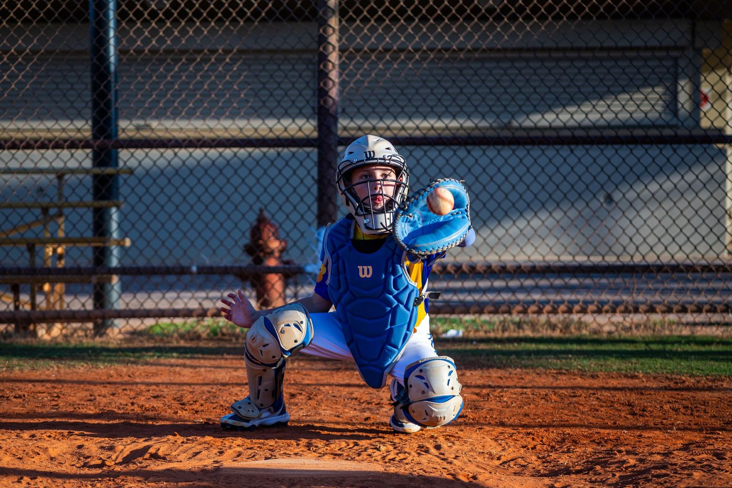 Baseball players in catcher's position behind home plate during game.
