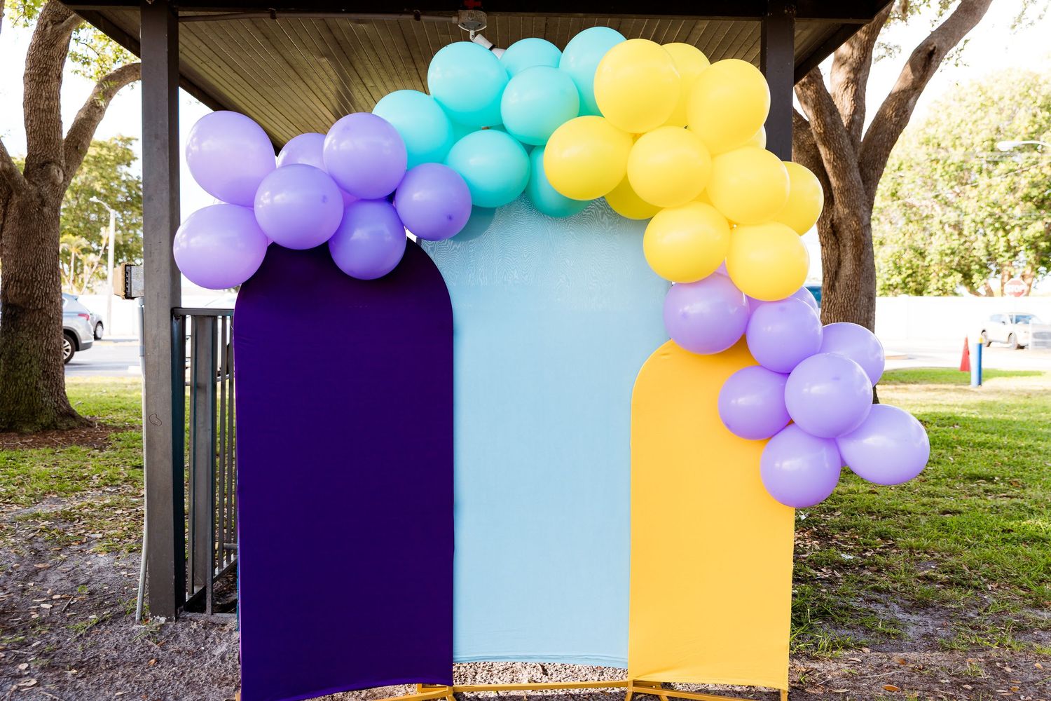 Colorful balloon arch decoration with purple, blue, and yellow panels creating a festive photo backdrop display.