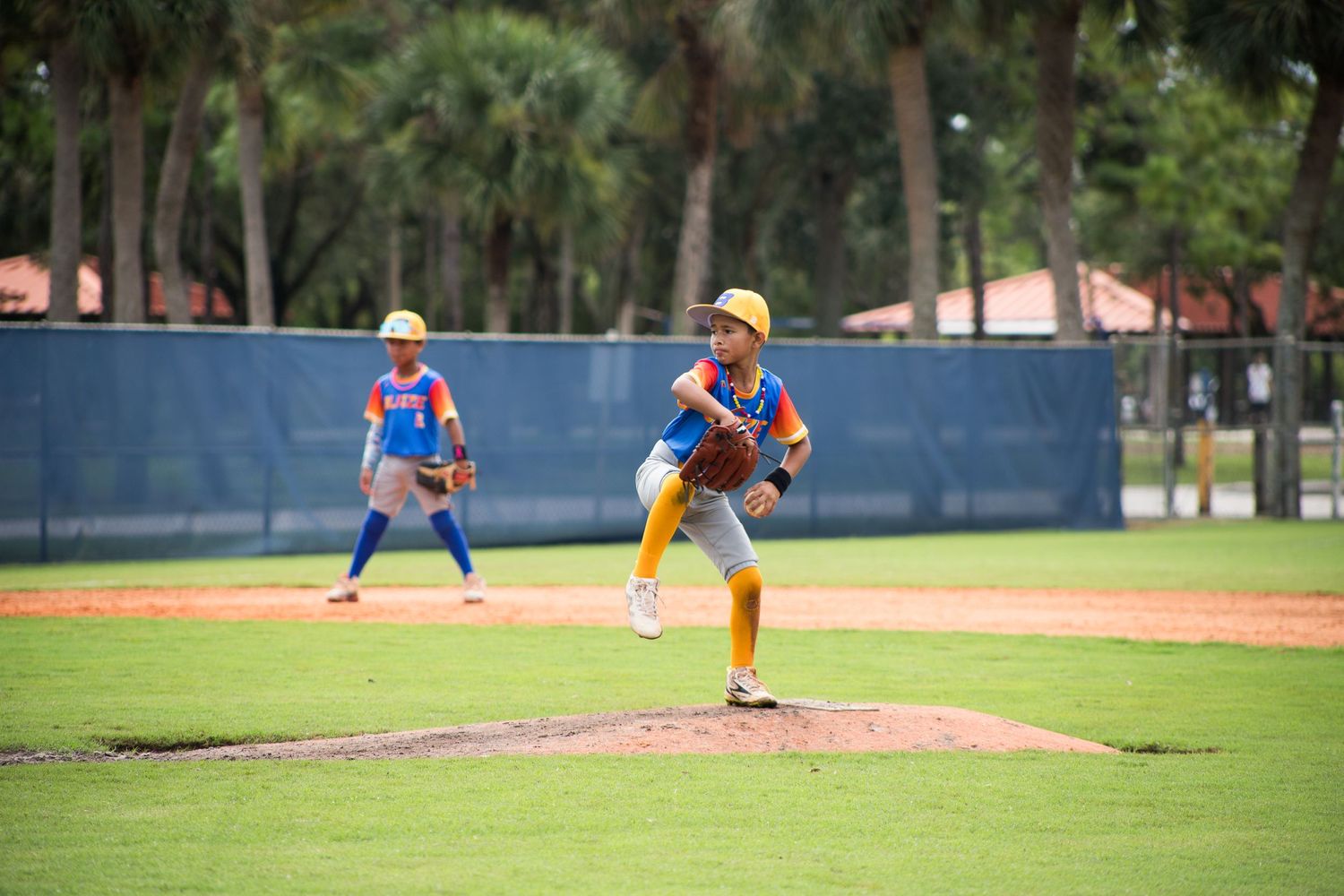 Baseball pitcher in yellow and blue uniform delivers pitch during daytime game.